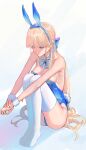  1girl abi_(user_nzav7333) absurdres animal_ears bare_arms blonde_hair blue_archive blue_bow blue_bowtie blue_eyes blue_hairband blue_leotard bow bowtie breasts cleavage closed_mouth collarbone detached_collar fake_animal_ears fake_tail full_body hairband highres knees_up legs leotard long_hair medium_breasts no_shoes playboy_bunny rabbit_ears rabbit_tail sideboob sitting solo strapless strapless_leotard tail thighhighs toki_(blue_archive) toki_(bunny)_(blue_archive) very_long_hair white_background white_thighhighs wrist_cuffs 