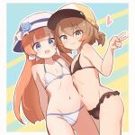  2girls akikawa_yayoi_(umamusume) arms_behind_back bikini blue_eyes blush brown_eyes brown_hair collarbone commentary_request flat_chest hair_between_eyes hair_ornament hat heart highres long_hair looking_at_viewer multiple_girls navel open_mouth orange_hair rota_(rotasqqfv) striped striped_background swimsuit umamusume v 