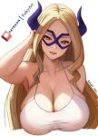  bare_shoulders bikini blonde_hair boku_no_hero_academia breasts camisole cleavage collarbone covered_nipples cropped_torso dated eye_mask feikyart grin hand_in_own_hair huge_breasts lipstick long_hair looking_at_viewer makeup mount_lady parted_bangs patreon_username pink_pupils purple_eyes see-through_silhouette shirt simple_background smile swimsuit taut_clothes taut_shirt upper_body wavy_hair white_background white_shirt 