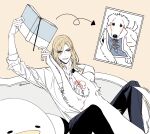  1boy :d absurdres arrow_(symbol) black_pants blonde_hair blue_eyes blush book camus_(uta_no_prince-sama) couch dog dress_shirt embarrassed feet_out_of_frame hands_up highres holding holding_book looking_at_animal lower_teeth_only luonnem male_focus medium_hair pants photo_(object) photo_album reaching shirt simple_background sitting sleeves_past_elbows smile solo stuffed_animal stuffed_bird stuffed_toy swept_bangs teeth uta_no_prince-sama white_shirt yellow_background 