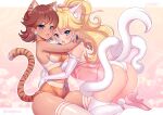  2girls absurdres animal_ears blonde_hair blue_eyes breasts brown_hair cat_ears cat_girl cat_tail cleavage elbow_gloves fangs gloves high_heels highres hug looking_at_viewer mario_(series) multiple_girls nightgown open_mouth princess_daisy princess_peach purinmallow short_shorts shorts smile sports_bra striped_tail tail thighhighs tiger_ears tiger_girl tiger_tail two-tone_sports_bra 