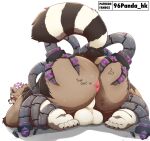  2023 96panda absurd_res anthro anus backsack balls bound brown_body butt genitals hi_res kemono lifewonders live_a_hero male mammal overweight overweight_male procyonid raccoon simple_background solo text viscunam 
