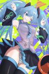  1girl absurdres ahoge armpits bent_v black_skirt black_sleeves black_thighhighs blue_eyes blue_hair blue_necktie blue_panties blush breasts commentary_request cowboy_shot detached_sleeves double_v dutch_angle green_background grey_shirt grin hair_between_eyes hair_ornament hatsune_miku head_tilt highres long_bangs long_hair looking_to_the_side medium_breasts megaphone miku_day necktie one_eye_closed panties pantyshot pleated_skirt sharp_teeth shirt skirt sleeveless sleeveless_shirt smile solo star_(symbol) striped striped_panties teeth thighhighs twintails underwear v very_long_hair vocaloid white_panties wind wind_lift yama_kabosu 