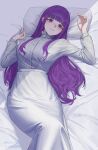  1girl absurdres artist_name blunt_bangs blush breasts closed_mouth dress fern_(sousou_no_frieren) hands_up highres large_breasts long_dress long_sleeves looking_at_viewer lucky_strike_(artist) lying on_back on_bed pillow purple_eyes purple_hair solo sousou_no_frieren white_dress 