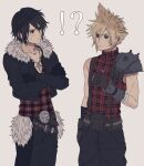  !? 234_(1234!) 2boys adapted_costume armor baggy_pants belt belt_buckle black_gloves black_hair black_jacket black_pants blonde_hair blue_eyes brown_gloves buckle closed_mouth cloud_strife collarbone cowboy_shot crossed_arms earrings final_fantasy final_fantasy_vii final_fantasy_viii fur-trimmed_jacket fur_trim gloves hair_between_eyes highres in-franchise_crossover jacket jewelry light_blush looking_at_another male_focus multiple_boys necklace pants plaid plaid_shirt plaid_sweater shirt short_hair shoulder_armor simple_background single_bare_shoulder sleeveless sleeveless_turtleneck squall_leonhart stud_earrings suspenders sweatdrop sweater thumbs_up turtleneck turtleneck_sweater 