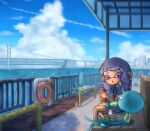  1girl :o artist_name bench blue_sky blush braid brick_floor bridge building can city cloud commentary_request contrail dark-skinned_female dark_skin day earrings eyebrow_cut fish fishing fishing_rod flag food hands_up highres holding holding_fishing_rod holding_food holding_popsicle horizon inkling inkling_girl jellyfish_(splatoon) jewelry lifebuoy long_hair looking_to_the_side moromi_(kscd4482) ocean on_bench open_mouth outdoors pointy_ears popsicle purple_eyes purple_hair purple_shirt railing scenery shirt short_eyebrows short_sleeves sitting sitting_on_bench sky skyscraper smallfry_(splatoon) splatoon_(series) splatoon_3 suspension_bridge t-shirt tentacle_hair twin_braids water white_shirt 