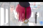  1girl arima_kana battery_indicator beret black_headwear blurry blurry_background blush bob_cut closed_mouth collared_shirt commentary_request film_grain hat highres inverted_bob letterboxed light_particles looking_at_viewer looking_to_the_side medium_hair o-ring oshi_no_ko people red_eyes red_hair shirt solo stoner08 train_interior viewfinder white_shirt 