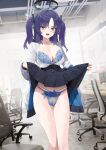  1girl blue_archive blue_bra blue_eyes blue_hair blue_panties bra breasts cameltoe chair cirilla_lin cleavage clothes_lift collarbone groin halo highres long_hair long_sleeves mechanical_halo medium_breasts office office_chair open_mouth panties partially_unzipped skirt skirt_lift solo swivel_chair teeth thighs twintails underwear upper_teeth_only yuuka_(blue_archive) 