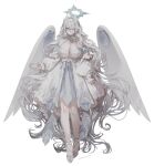  1girl breasts cleavage dress frilled_dress frills grey_hair hair_ornament halo highres horns large_breasts long_hair mechanical_halo mechanical_wings myumyutain original puffy_sleeves simple_background very_long_hair wings 