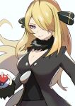  1girl absurdres black_shirt breasts cleavage cynthia_(pokemon) floating_hair fur_collar grey_eyes hair_ornament hair_over_one_eye highres holding holding_poke_ball large_breasts long_hair long_sleeves looking_at_viewer parted_lips poke_ball poke_ball_(basic) pokemon pokemon_(game) pokemon_dppt sakuranuts00 shirt simple_background solo upper_body v-neck very_long_hair white_background 