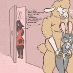  2023 anthro bedroom_eyes bodily_fluids bovid breasts caprine clenched_teeth clothed clothing dark_body dark_fur dialogue digital_drawing_(artwork) digital_media_(artwork) digital_painting_(artwork) disney domestic_sheep door doorknob doorway dress dripping english_text eyebrows eyelashes female fingers fur fur_markings gareth_(zootopia) grey_body grey_fur group half-closed_eyes hands_on_hips hi_res hooved_fingers hooves inside judy_hopps lagomorph leporid light_body light_fur long_ears looking_down looking_pleasured male male/female mammal markings multicolored_body multicolored_fur narrowed_eyes nude open_mouth penetration pink_background pink_nose rear_view red_clothing red_dress saliva saliva_drip saliva_string seductive sex sexy_eyes sharla_(zootopia) sheep short_tail signature simple_background simple_coloring simple_eyes size_difference speech_bubble standing standing_sex stealth_sex sweat sweatdrop sweet.lemons tail tan_body tan_fur teeth text thick_thighs trio two_tone_body two_tone_fur white_body white_fur wide_hips wool_(fur) wool_hair zootopia 