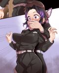  1boy 1girl absurdres black_hair breasts brown_hair butterfly_hair_ornament chloroform cloth commission covering_another&#039;s_mouth covering_mouth demon_slayer_uniform drugged georugu13 grabbing grabbing_from_behind hair_ornament hand_over_another&#039;s_mouth hands_up highres holding_cloth kimetsu_no_yaiba kochou_shinobu medium_breasts multicolored_hair pixiv_commission purple_eyes purple_hair short_hair 