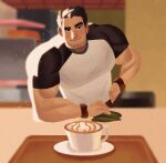  1boy apron bara barista beard_stubble black_hair cafe caldatelier coffee_cup counter cup derivative_work disposable_cup highres huge_eyebrows large_pectorals latte_art leaning_forward looking_at_viewer lucas_lee male_focus muscular muscular_male on_table pectorals penis-shaped_foam scott_pilgrim_takes_off screencap_redraw shirt short_hair short_sleeves smile solo sunlight t-shirt table tight_clothes tight_shirt tray uneven_eyes 