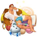  1boy abs alternate_costume bara bernard_(gyee) candy chest_tattoo facial_hair food grancy_(gyee) gyee itto_(mentaiko) jacket kong_(gyee) lying male_focus manly mature_male muscular muscular_male nipples official_art on_back pajamas pectorals pillow red_eyes red_hair saliva shirt simple_background sleep_mask sleepy solo spiked_hair staff stubble tattoo thick_eyebrows thick_thighs thighs underwear white_background white_shirt yan_(gyee) 