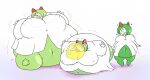  2019 air_inflation belly big_belly blowing_bubble_gum body_inflation bubble_gum clothing creaking digital_media_(artwork) excited female flat_colors generation_3_pokemon green_body green_hair group hair happy hyper hyper_belly immobile inflation inflation_fetish kirlia looking_at_belly looking_down lying navel nintendo nipple_outline not_furry on_front onomatopoeia p-balloon pokemon pokemon_(species) puffed_cheeks semi-stick simple_background sound_effects spherical_inflation standing swelling text trio white_background white_clothing 