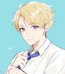  1boy adjusting_clothes adjusting_necktie aqua_background blonde_hair blue_necktie closed_mouth collared_shirt commentary earrings ensemble_stars! jewelry looking_at_viewer male_focus narukami_arashi necktie purple_eyes riri_(artist) school_uniform shirt short_hair simple_background smile solo stud_earrings translation_request white_shirt 