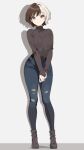  1girl black_footwear black_sweater boots breasts brown_hair chocomiru denim full_body highres jeans medium_breasts multicolored_hair original own_hands_together pants ribbed_sweater shadow short_hair sleeve_pull solo split-color_hair sweater two-tone_hair white_background 