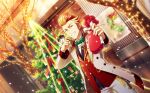  1boy akai_suzaku animal_on_shoulder bag cat cat_on_shoulder christmas_ornaments christmas_tree fingernails highres holding holding_bag idolmaster idolmaster_side-m idolmaster_side-m_live_on_stage! indoors long_sleeves male_focus multicolored_hair nyako_(idolmaster) official_art orange_eyes orange_hair red_hair smile streaked_hair teeth 