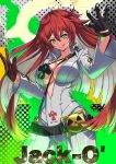  1girl ankh_necklace ass_visible_through_thighs bell-bottoms belt black_gloves bodysuit breasts broken_halo character_name cleavage compass_rose_halo front_slit gloves green_eyes guilty_gear guilty_gear_strive halo highres jack-o&#039;_valentine kaijin-m large_breasts long_hair long_sleeves pants red_gloves red_hair skull_belt solo studded_belt tongue tongue_out too_many_belts two-tone_gloves white_bodysuit 