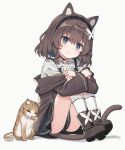  1girl absurdres animal_ear_fluff animal_ears black_choker black_hairband black_skirt black_vest boots brown_coat brown_footwear brown_hair cat cat_ears cat_girl cat_tail choker coat commentary_request frilled_socks frills full_body grey_eyes hairband highres hugging_own_legs knees_to_chest kurioshi_fio long_sleeves looking_at_viewer medium_hair off_shoulder original satou_(3366_s) shirt simple_background sitting skirt smile socks tail vest white_background white_shirt white_socks 