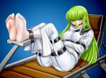  1girl albyee ball_gag barefoot blue_background bound bound_arms bound_thighs breasts brown_eyes c.c. cameltoe chair code_geass commentary commission english_commentary feet feet_up foot_focus full_body gag gradient_background green_hair knees_up large_breasts leaning_back long_hair long_sleeves looking_at_viewer pants saliva saliva_drip sidelocks single_sock socks soles solo straitjacket toenails toes white_pants white_socks 