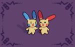  ^_^ animal_focus black_eyes blush_stickers border closed_eyes commentary english_commentary facing_another full_body happy holding_hands looking_at_another minun no_humans open_mouth pixel_art plusle pokemon pokemon_(creature) purple_background purple_border simple_background smile standing wisgarus |_| 