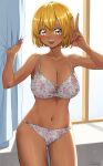  1girl :d absurdres bikini blonde_hair breasts brown_eyes cleavage floral_print gyaru hand_up highres komi-san_wa_komyushou_desu large_breasts looking_at_viewer manbagi_rumiko nail_polish navel open_mouth pink_nails short_hair smile solo standing swimsuit tan v window yuhi 