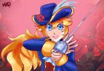  1girl artist_name artist_request blonde_hair blue_eyes blue_headwear flower hat hat_flower highres holding holding_sword holding_weapon long_hair looking_at_viewer mario_(series) non-web_source princess_peach princess_peach:_showtime! rapier rose self-upload smile solo source_request sword swordfighter_peach weapon 