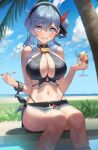  1girl absurdres ako_(blue_archive) bell black_hairband blue_archive blue_eyes blue_hair blush breasts cherry cleavage day english_commentary feet_out_of_frame food frown fruit hair_between_eyes hairband highres holding large_breasts long_hair looking_at_viewer navel neck_bell outdoors palm_leaf palm_tree sei!cho sitting solo tree 