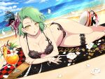  1girl 2022 animal_print ball beach beach_towel beachball bendy_straw bikini black_bikini blue_sky bow breast_tattoo breasts cherry choker cleavage cloud cup day drink drinking_glass drinking_straw falling_petals floral_print flower food fruit green_hair hair_ornament hair_ribbon highres hikage_(senran_kagura) holding lace lace-trimmed_bikini lace_trim large_breasts looking_at_viewer lying navel ocean official_alternate_hairstyle official_art on_side open_mouth orange_(fruit) orange_slice petals pineapple pineapple_slice pink_ribbon red_ribbon ribbon sand senran_kagura senran_kagura_new_link short_hair sky slit_pupils snake_tattoo solo swimsuit tattoo thigh_strap towel tropical_drink water white_flower yaegashi_nan yellow_eyes zebra_print 
