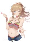  1girl ;d absurdres bikini bikini_under_shorts blonde_hair blue_eyes blush breasts candy cleavage cropped_legs denim denim_shorts fingernails floating_hair food grin halterneck highres holding holding_candy holding_food holding_lollipop idolmaster idolmaster_cinderella_girls lollipop looking_at_viewer medium_breasts multicolored_bikini multicolored_clothes nail_polish navel official_alternate_costume ohtsuki_yui one_eye_closed ponytail sanpo_(sanpo_1027) shorts signature simple_background smile solo stomach striped striped_bikini swimsuit w white_background 