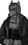  anon2000000 anthro button_(fastener) canid canine clothed clothing coat digital_media_(artwork) female fur hair hi_res looking_at_viewer mammal red_eyes solo topwear victorian 