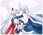  2girls bare_shoulders blue_cloak blue_dress blue_gloves braid breasts character_request cloak commentary_request dress elbow_gloves eye_contact from_side fur-trimmed_cloak fur-trimmed_dress fur_trim gloves grey_hair hair_between_eyes high_ponytail highres honkai_(series) honkai_impact_3rd long_hair looking_at_another medium_breasts multiple_girls ponytail profile shiying_no_yao strapless strapless_dress very_long_hair white_dress 