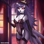  1:1 anthro avian beak bird black_body black_feathers black_hair breasts clothed clothing detailed_background feathers female hair hat headgear headwear helluva_boss hi_res legwear lipsa69 long_hair nude octavia_(helluva_boss) open_mouth owl owl_demon partially_clothed red_sclera solo thigh_highs white_eyes 