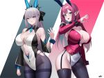  2girls animal_ears asymmetrical_legwear black_bow blue_eyes bow braid breasts choker cleavage clothing_cutout corset detached_sleeves fairy_knight_tristan_(fate) fate/grand_order fate_(series) french_braid garter_straps gradient_background grey_eyes groin hair_intakes highres huge_breasts kurozawa_yui large_breasts legs_together long_hair looking_at_viewer morgan_le_fay_(fate) multiple_girls nail_polish navel navel_cutout necktie pale_skin pantyhose pink_hair pointy_ears rabbit_ears signature skindentation thighhighs 