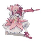  1girl absurdres bubble_skirt dress drill_hair gloves gun hair_ribbon highres holding holding_gun holding_weapon kaname_madoka magical_girl mahou_shoujo_madoka_magica mahou_shoujo_madoka_magica_(anime) mitakihara_school_uniform pink_dress pink_hair red_footwear ribbon rifle school_uniform short_twintails skirt sniper_rifle solo twin_drills twintails weapon white_background white_gloves wr0wn 
