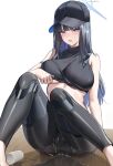  1girl absurdres bare_arms bare_shoulders baseball_cap black_hair black_headwear black_pants black_shirt blue_archive blue_eyes breasts commentary crop_top cup feet_out_of_frame hat highres large_breasts leggings long_hair midriff pants samart saori_(blue_archive) sexually_suggestive shirt sitting sleeveless sleeveless_shirt solo spill stomach thighs very_long_hair water 