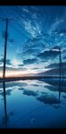  blue_sky blue_theme cloud cloudy_sky cola_(gotouryouta) crescent_moon grass highres hill jellyfish letterboxed moon night night_sky no_humans original power_lines reflection scenery sky star_(sky) starry_sky sunset surreal utility_pole water 