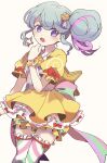  1girl absurdres blue_eyes blue_hair blush bow commentary_request cowboy_shot dress earrings hair_bun hair_ornament hand_up highres jewelry long_hair looking_at_viewer multicolored_hair nojima_minami open_mouth pink_hair pinon_(pripara) pretty_(series) pripara puffy_short_sleeves puffy_sleeves red_bow short_sleeves sidelocks single_hair_bun solo standing star_(symbol) star_earrings star_hair_ornament streaked_hair striped striped_thighhighs thighhighs white_background yellow_dress 
