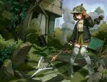  1girl adjusting_clothes adjusting_headwear armor bandaid bandaid_on_face black_jacket boots bright_pupils brown_hair car chess_piece collared_shirt eyelashes fence green_eyes green_skirt helmet highres holding holding_polearm holding_weapon jacket knee_boots knight motor_vehicle open_clothes open_jacket original overgrown pawn_(chess) pink_ribbon polearm post-apocalypse ribbon rladbsckd92 ruins rust shirt short_hair sign skirt solo tongue tongue_out traffic_light tree weapon white_pupils white_shirt 