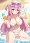  1girl absurdres bare_legs barefoot bikini blue_eyes blush bocchi_the_rock! breasts cleavage cube_hair_ornament eyewear_on_head feet food gotou_hitori hair_between_eyes hair_ornament heart heart-shaped_eyewear highres holding_ice_cream ice_cream ice_cream_cone large_breasts legs long_bangs long_hair looking_at_viewer navel o-ring o-ring_bikini one_side_up pink_hair purple-tinted_eyewear sandals solo spoon starfish stomach sunglasses swimsuit thighs tinted_eyewear toenails toes utensil_in_mouth white_bikini yukiunag1 