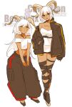  2girls alternate_costume animal_ears arknights beeswax_(arknights) breasts cargo_pants carnelian_(arknights) character_name dark-skinned_female dark_skin goat_ears goat_girl goat_horns gold_horns highres horns jacket long_hair looking_at_viewer medium_breasts multiple_girls open_clothes pants red_eyes short_hair siblings sisters ub_orca white_hair yellow_eyes 