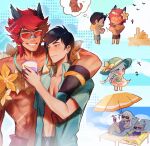  2boys 2girls :3 alune_(league_of_legends) animal_ears aphelios aqua_shirt bandaid bandaid_on_face bandaid_on_nose black_hair black_male_swimwear cat chibi closed_mouth crossed_arms fiiiiiiisher7 flower flower_necklace highres jewelry league_of_legends male_swimwear multiple_boys multiple_girls muscular muscular_male necklace official_alternate_costume open_clothes open_shirt pool_party_sett red_hair sett_(league_of_legends) shirt short_hair smile sunglasses teeth topless_male white_hair yuumi_(league_of_legends) 
