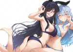  2girls animal_ears ass bikini black_bikini black_hair black_hairband blue_bikini blue_hair blush breasts closed_eyes closed_mouth commentary_request crossed_bangs fake_animal_ears fake_tail hair_ornament hairband highres large_breasts looking_at_viewer multiple_girls navel neshia_(tsaqif0309) original parted_lips purple_eyes rabbit_ears rabbit_tail simple_background smile swimsuit tail teeth thighs white_background 