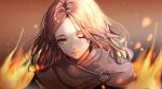  1girl blurry blurry_background brown_background brown_hair clasp elden_ring embers expressionless facial_mark fire floating_hair highres looking_at_viewer lunay melina_(elden_ring) one_eye_closed portrait short_hair solo wavy_hair yellow_eyes 