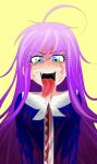  blood blood_on_clothes blood_on_face blue_eyes fang hero highres non-web_source original purple_hair samurai school_uniform sword tongue tongue_out weapon 