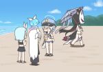  4girls alternate_costume animal_ears arona_(blue_archive) beach black_hair blue_archive blue_hair day floating fox_ears fox_girl fox_mask fox_tail halo highres holding holding_umbrella mask multiple_girls ocean official_alternate_costume outdoors plana_(blue_archive) pointing poster_(object) sand swimsuit tail umbrella valkyrie_police_academy_student_(blue_archive) wakamo_(blue_archive) wakamo_(swimsuit)_(blue_archive) whale white_hair yukko_(hcryh955) 