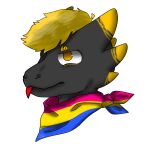  anthro bandana_on_neck black_body blep blonde_hair flared_nostrils frown hair head_markings headshot_portrait hi_res kobold lgbt_pride looking_away male markings no_pupils pansexual_pride_colors portrait pride_colors scales short_stack simple_background solo tongue tongue_out white_background yellow_body yellow_scales 