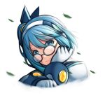  1girl android blue_eyes blue_hair closed_mouth glasses hair_between_eyes headset leaf looking_at_viewer mega_man_(series) mega_man_x_(series) mega_man_x_dive pinguinkotak rico_(mega_man) side_ponytail smile solo upper_body white_background 