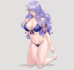  1girl bare_legs bare_shoulders barefoot bikini blue_bikini breasts camilla_(fire_emblem) camilla_(summer)_(fire_emblem) cleavage commentary crazzeffect fire_emblem fire_emblem_fates fire_emblem_heroes flower grey_background hair_flower hair_ornament hair_over_one_eye highres kneeling large_breasts long_hair looking_at_viewer navel official_alternate_costume pink_eyes purple_hair simple_background solo stomach swimsuit thighs very_long_hair white_flower 